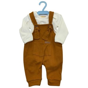 CONJUNTO JARDINEIRO + BODY MANGA LONGA MASCULINO ESTAMPADO (CARAMELO)